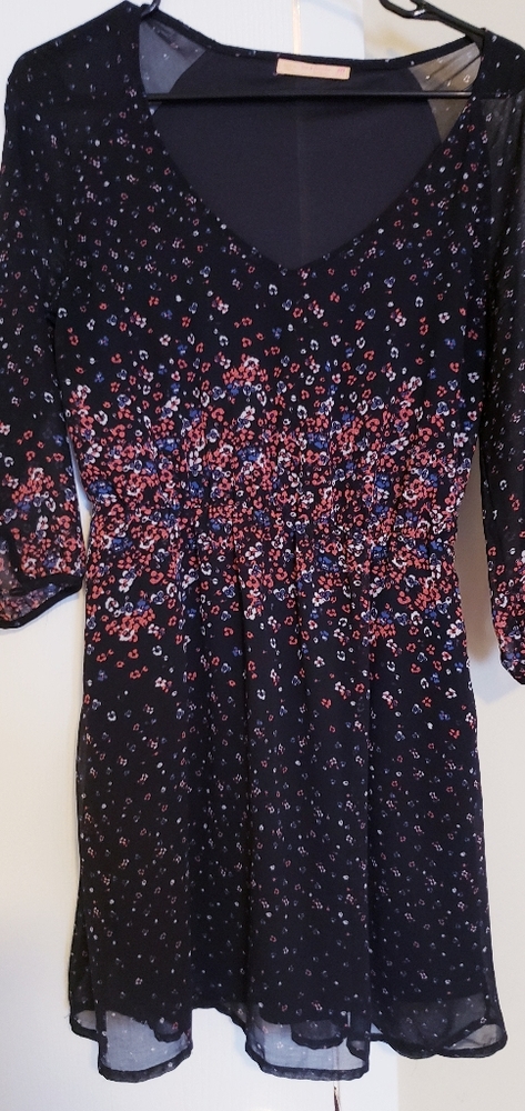 Bershka, black dress with colorful flowers.